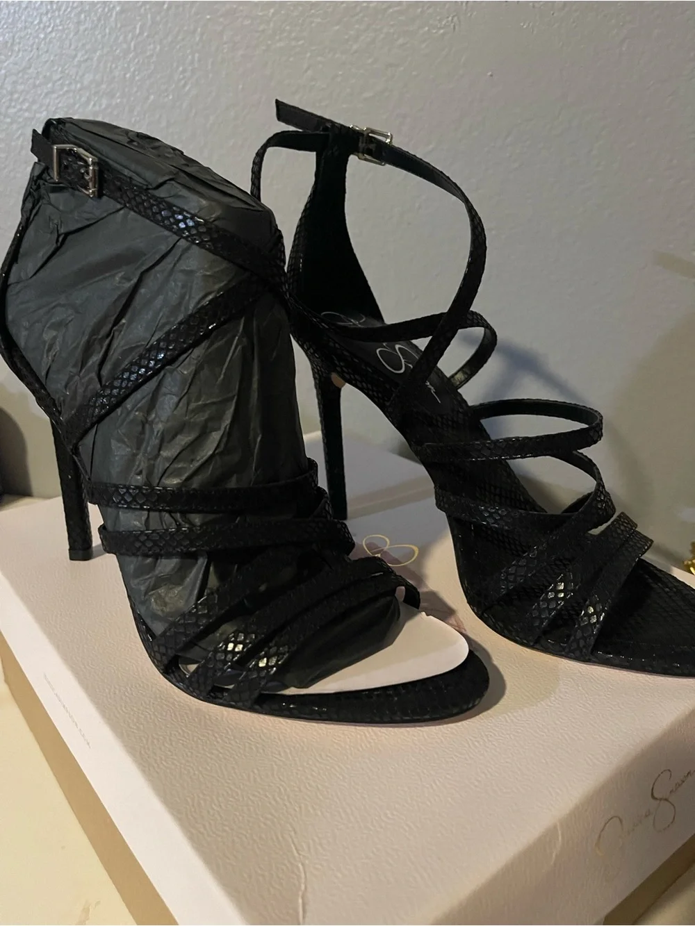Jessica Simpson Black Strappy Snake-Texture High Heel Sandals